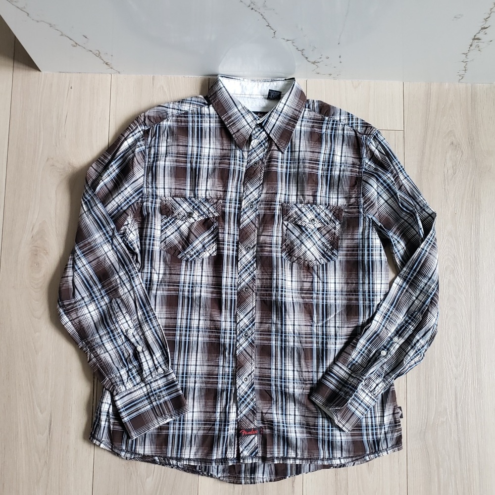 Rock & Roll Religion Shirt Fender Mens XL Plaid Western Brown Gray Long Sleeve